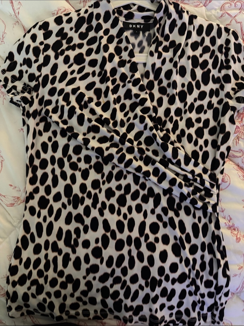 DKNY Black and White Dalmatian Print Wrap-Front Top